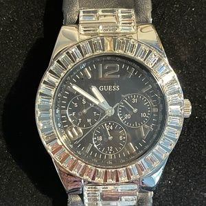 Women's  Round GUESS Watch With Rhinestone Around Face- Silver Tone-Chronograph